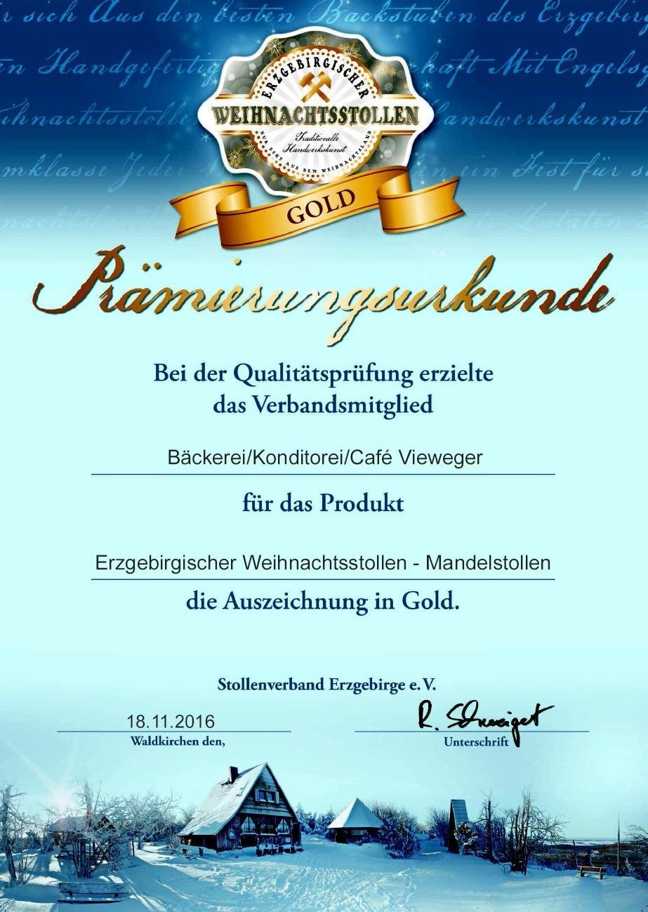 Prämierungs-Urkunde in Gold 2016 für erzgebirgischer Weihnachtsstollen - Mandelstollen vom Stollenverband Erzgebirge e.V.